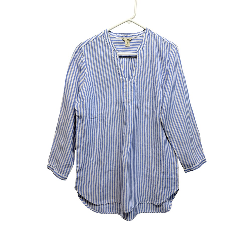 LL Bean Womens Striped 100% Linen Split Neck Tunic Shirt Medium Lagenlook